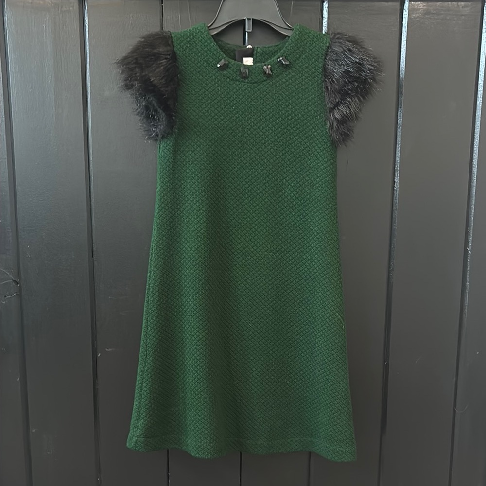 Deux par Deux Green Dress with Faux Fur Sleeves